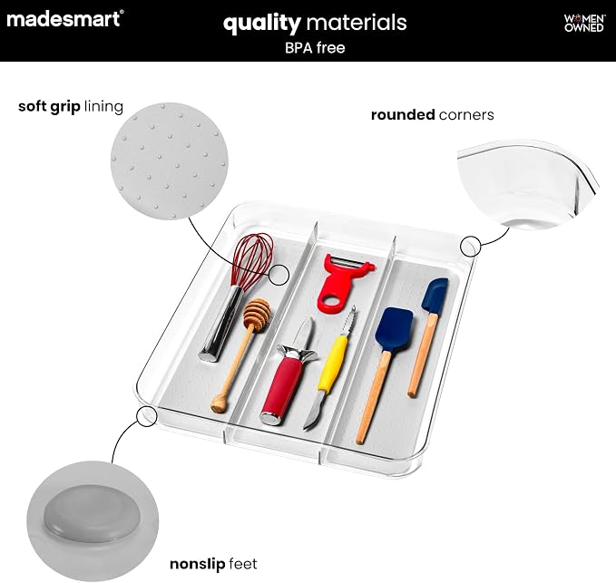 madesmart Clear 3 Compartment Utensil Tray, Grey | non slip feet, rounded corners, see through design, soft grip lining, wide channels, spatulas whisks tongs, woman owned
