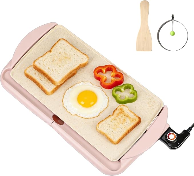 20" Pink Electric Griddle & Skillet with Ceramic Non-Stick Surface, 1400W Family-Sized Extra Large Baking Pan, Adjustable Temperature & Slide-Out Drip Tray
