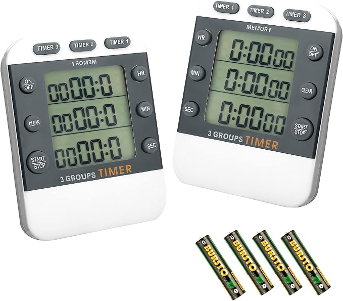 Photect 2 Pcs Digital Kitchen Timer 3 Channels Multi Timer Loud Adjustable Alarm Magnetic Count up Down Memory Preset Battery Included for Cooking Baking BBQ Study Classroom