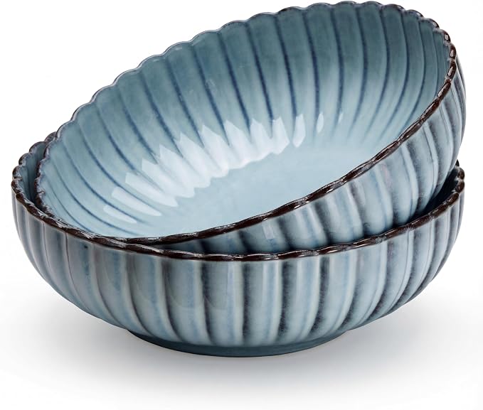 Serving Bowls, Durable Ceramic, Large, Microwave and Dishwasher Safe, Scalloped Shell Shape, Ombre Blue, 70 oz, Set of 2, Tidal Collection