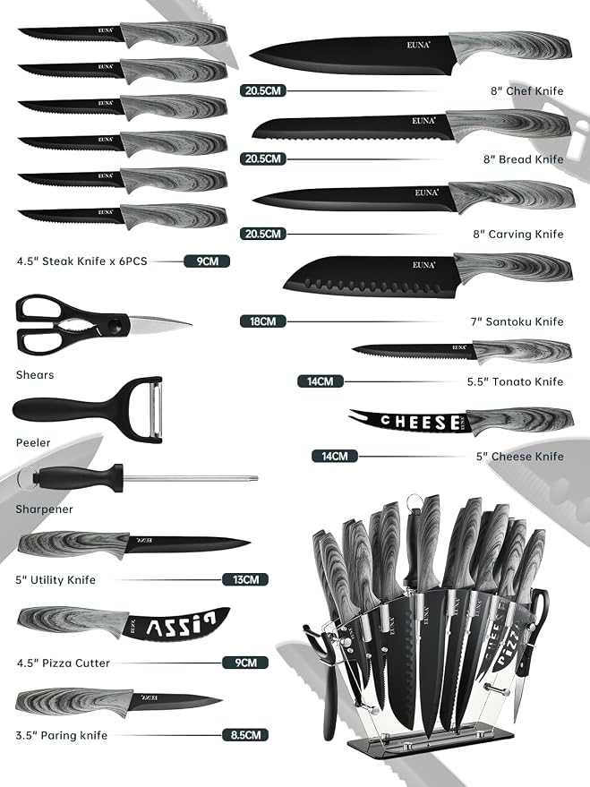 EUNA Knife Block Set, 19 PCS Kitchen Knife Set with Acrylic Block and Sharpener, German High-Carbon Stainless Steel Knife Sets with 6 Serrated Steak Knives, Bread Knife, Chef Knife, Dishwasher Safe