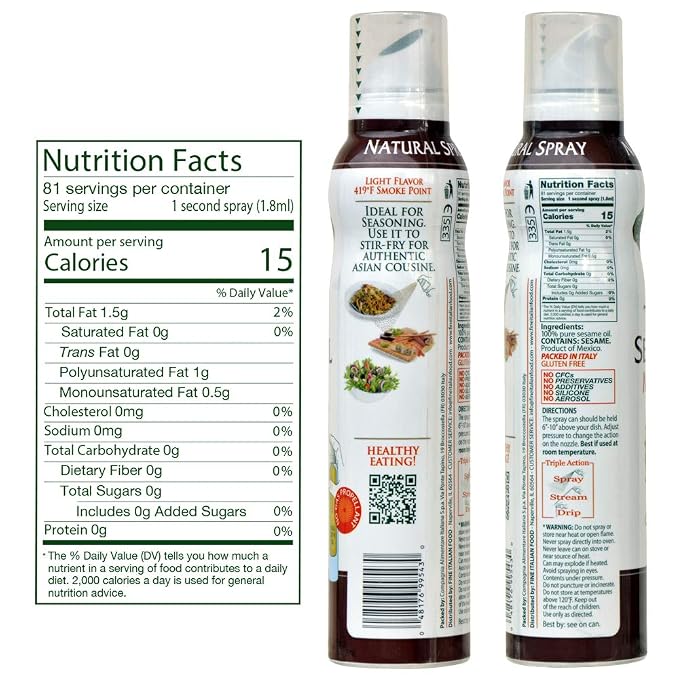 Mantova Toasted Sesame Oil Spray, 5 fl. oz. (Pack of 1), Product of Italy, All-Natural, Heart-Healthy Toasted Sesame Seed Oil, Ideal for Poke, Fried Rice, and Other Asian Dishes, Vegan-Friendly