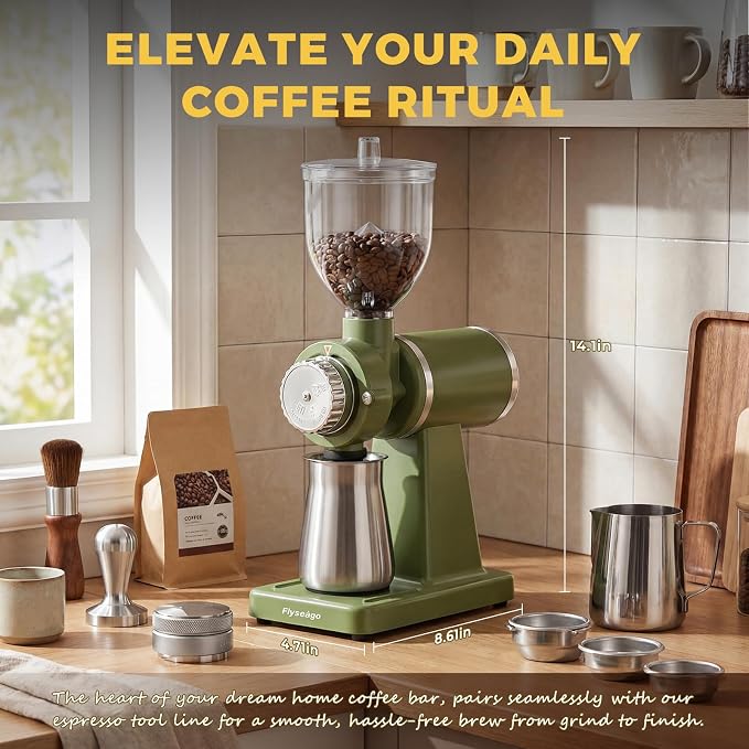 Electric Burr Coffee Grinder, 8 Grind Settings Cream Style Green | 64mm Stainless Steel Flat Burr, Low Static & Quiet, for Espresso Pour Over French Press, 3-in-1 Receiving Cup, Easy Clean