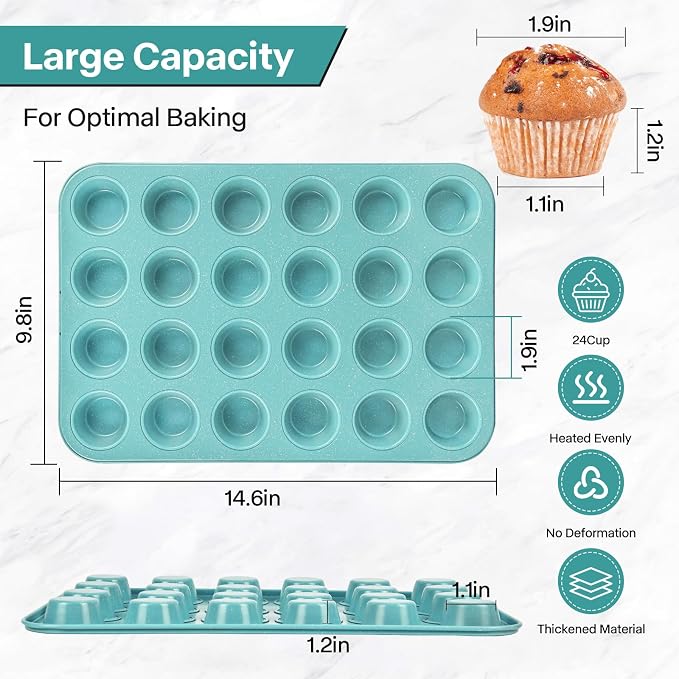 2-Pack Light Blue 24-Cup Ceramic Mini Muffin Pan – Non-Stick Muffin Tin, PFOA-Free, Healthy Baking, Perfect for Cupcakes, Breakfast Treats & Party Delights