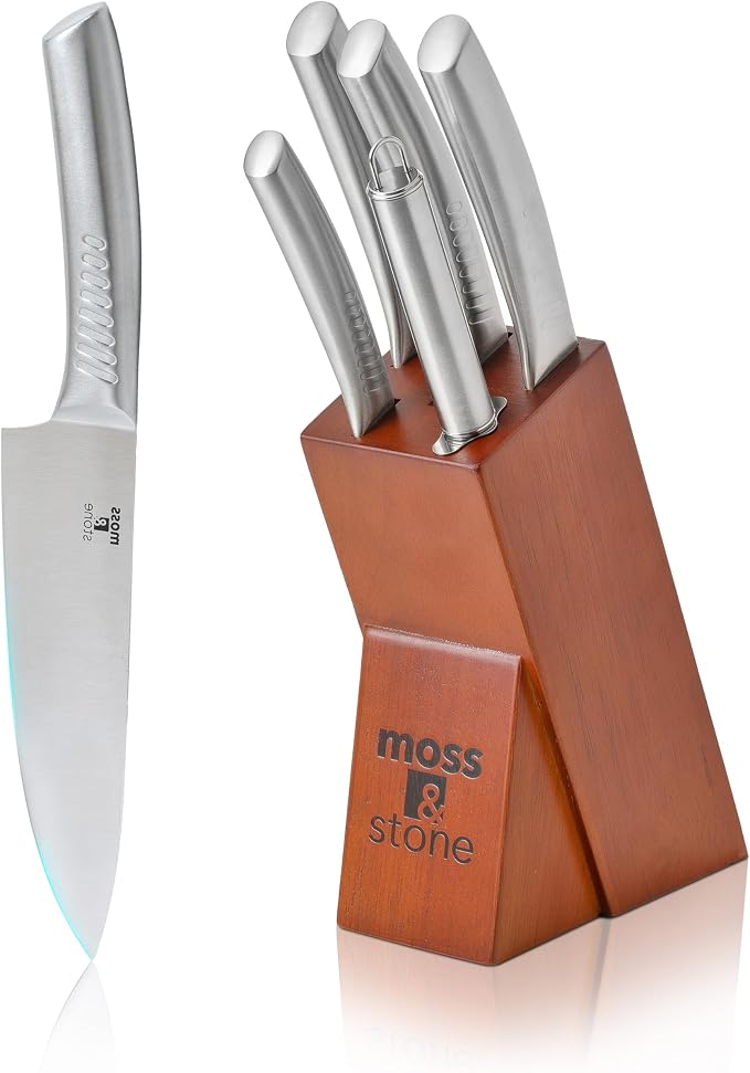 Moss & Stone Small 6 Pcs Kitchen Knife Set with Block, Stainless Steel | Professional chef knife set with sharp cooking knives, premium scratch-resistant and rust-proof design, ergonomic handle