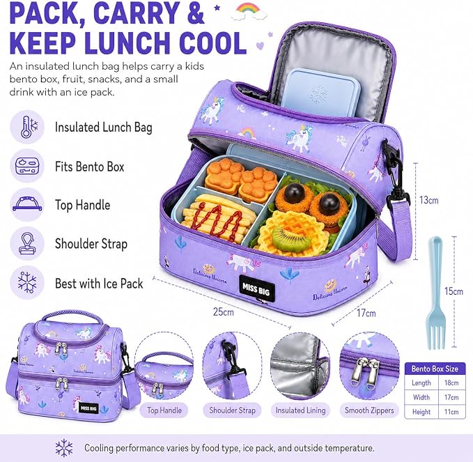 MISS BIG® Kids Bento Lunch Box, 1150ml 3 Compartments, Blue | Blue kids bento lunch box for school, daycare, and snack time