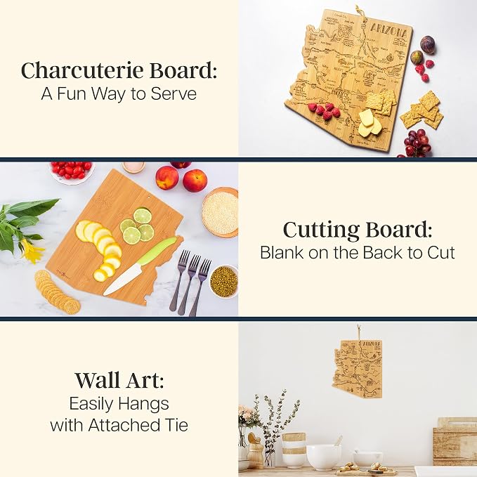 Totally Bamboo Destination Arizona State Shaped Cutting Board | State charcuterie serving board with engraved map artwork. Smooth reverse side for food prep. Hang tie for wall display.
