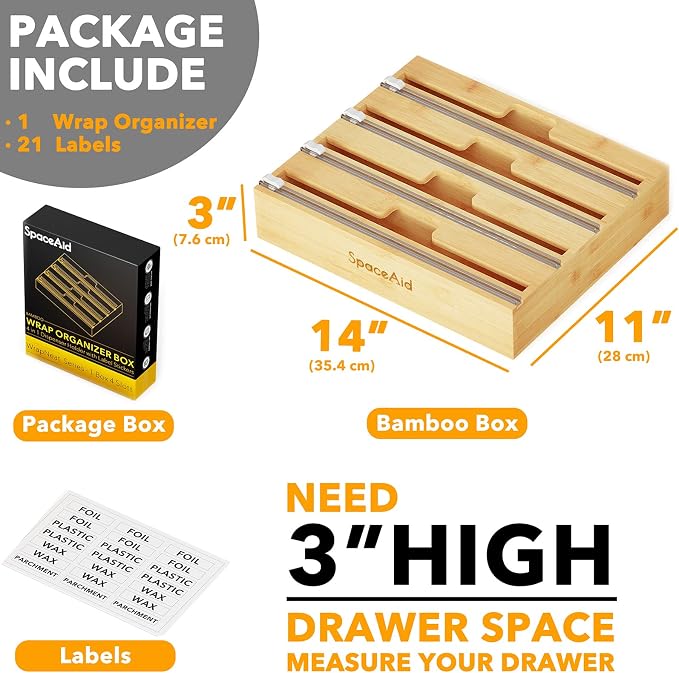 SpaceAid WrapNeat 4 in 1 Wrap Organizer with Cutter and Labels, Plastic Wrap, Aluminum Foil and Wax Bamboo Dispenser for Kitchen Storage Organization Holder for 12" Roll (Natural, 4-Slot)
