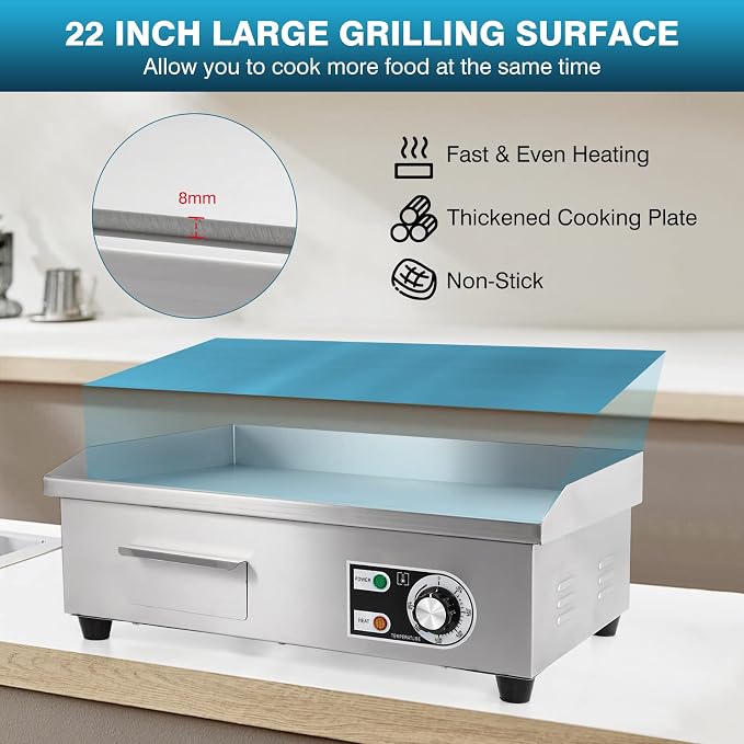 IRONWALLS Commercial Electric Griddle 22”, 3000W Electric Flat Top Griddle Grill Indoor, 122~572℉ Adjustable Temperature Control, Non-stick Stainless Steel Grill for Restaurant, Fits for 20-Amp Outlet | 122~572℉ Adjustable Temperature Control, Non-stic...