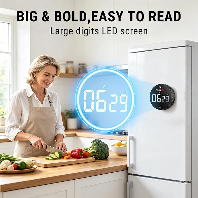 TempPro Magnetic Kitchen Timers for Cooking, Digital Timer for Kids Teacher | Countdown Timer with Easy-Twist Knob, Loud Alarm & Silent Mode, Classroom Timer with Large LED Display for Office Workout