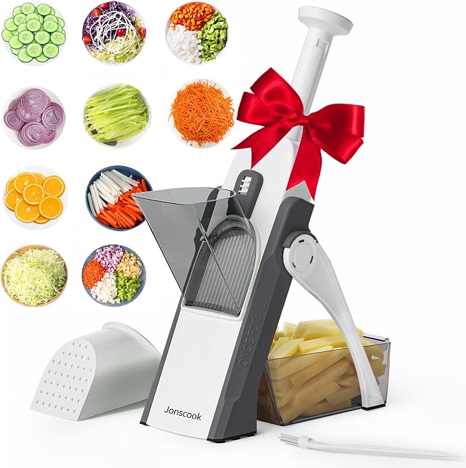 Safe Mandoline Slicer for Kitchen, 5 in 1 Multi Food Chopper, Potato Slicer | Adjustable Thickness 0.1-8 mm, Vegetable Chopper Cutter, Food Chopper French Fry Cutte, Paring Knife/Cleaning Brush, Mandolin
