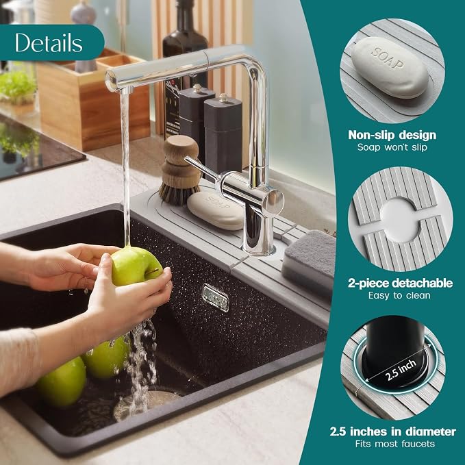 Faucet Mat for Kitchen Sink - Wider Diatomite Fast Drying Stone Sink Tray, Super Absorbent, Prevents Moisture Buildup - Faucet Splash Guard for Bathroom Counter (Light Grey, 15x5.3inch)