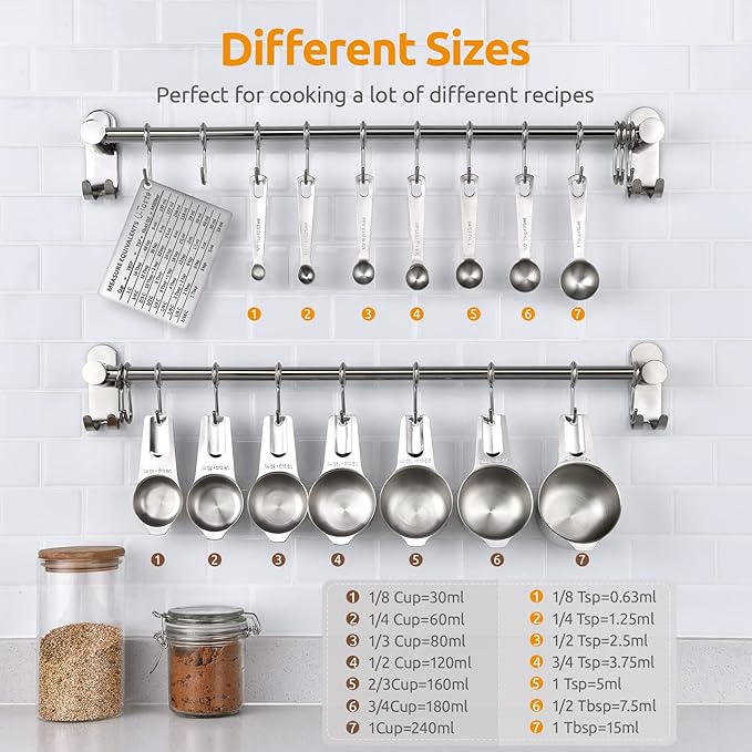 U-Taste Measuring Cups and Spoons Set of 15, 2 D-Rings & 1 Conversion Chart | 18/8 Stainless Steel Teaspoon Tablespoon, Stackable Metal Measuring Set, Magnetic Measure Chart, Kitchen Baking Cooking Food