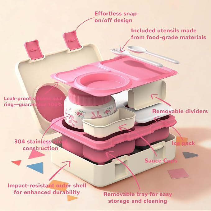 Bento Lunch Box for Kids Adult, Leakproof 3-4 Compartment Bento Box Set with Insulated Food Jar,Water Bottle, Lunch Bag, School Lunch Container for Toddler Teen Girls Boys Ages 3+(PK floral)