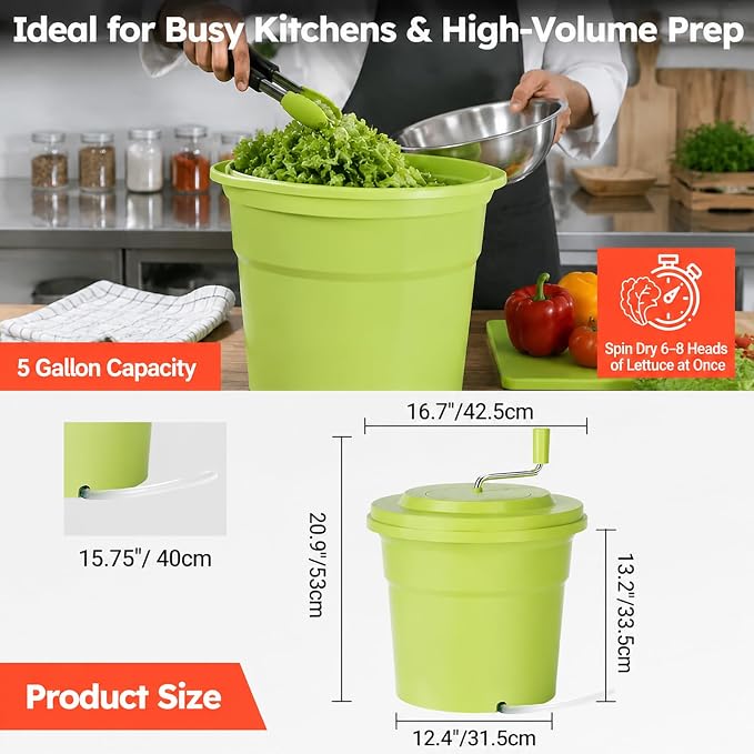 Commercial Salad Spinner, 5 Gallon (20QT) Large Capacity Vegetable Dryer with Built-in Drain Hose, Ergonomic Aluminum Handle, Sealed Gearbox, Efficiently Dries Up to 6–8 Heads of Lettuce