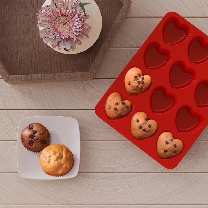 SILIVO Silicone Heart Muffin Pan (2 Pack) - Nonstick Silicone Molds for Baking, Cupcake Pan for Brownies, Tartlets and Egg Bites