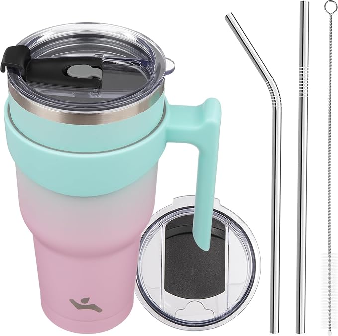 Konokyo 40 oz Tumbler with Handle and Straw, Insulated Travel Mug | Gum; BPA-free, leak-proof tumbler with 2 lids, 2 straws, cup holder fit for coffee, office, travel & daily use