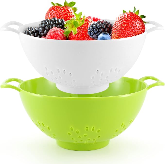 Meadow Lane 6-Inch Small Colanders, 3-Cup Strainers, Green/White, 2-Pack | BPA-free, dishwasher-safe mini colander has a wide, shallow bowl, 1/8-inch holes, two handles, ring foot and smooth edges.