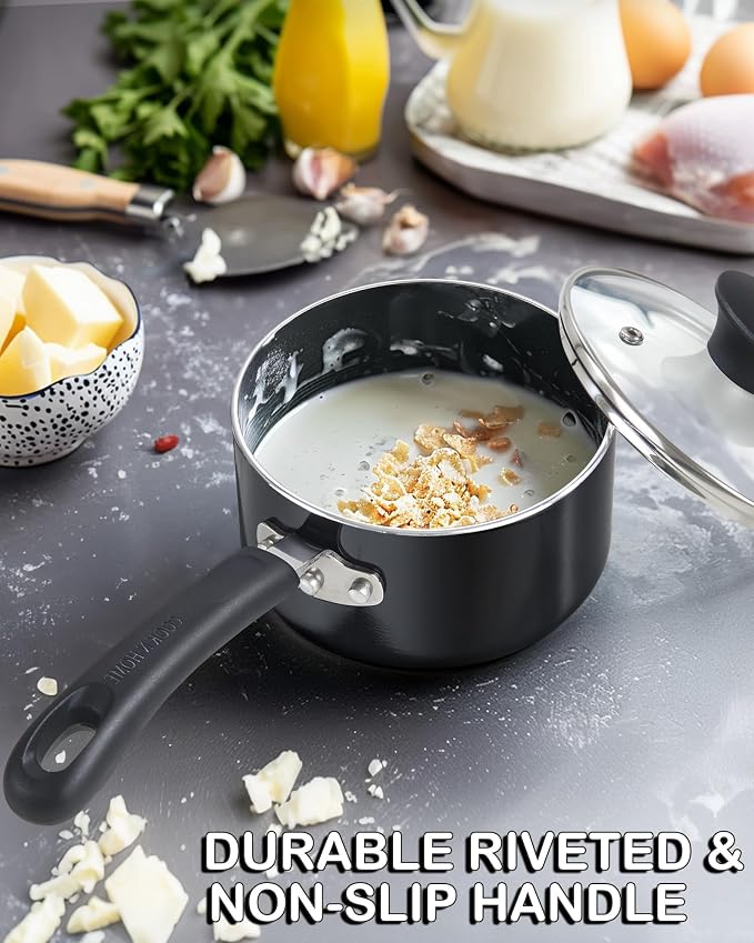Cook N Home Basic 3 Quart Nonstick Saucepan with Glass Lid, Non Stick Aluminum Sauce Pan, Multi-Purpose Milk Chocolate Cooking Pot with Stay-Cool Handle, Black | Nonstick Aluminum Sauce Pan, Multi-Purpose Milk Chocolate Cooking Pot with Stay-Cool Handle