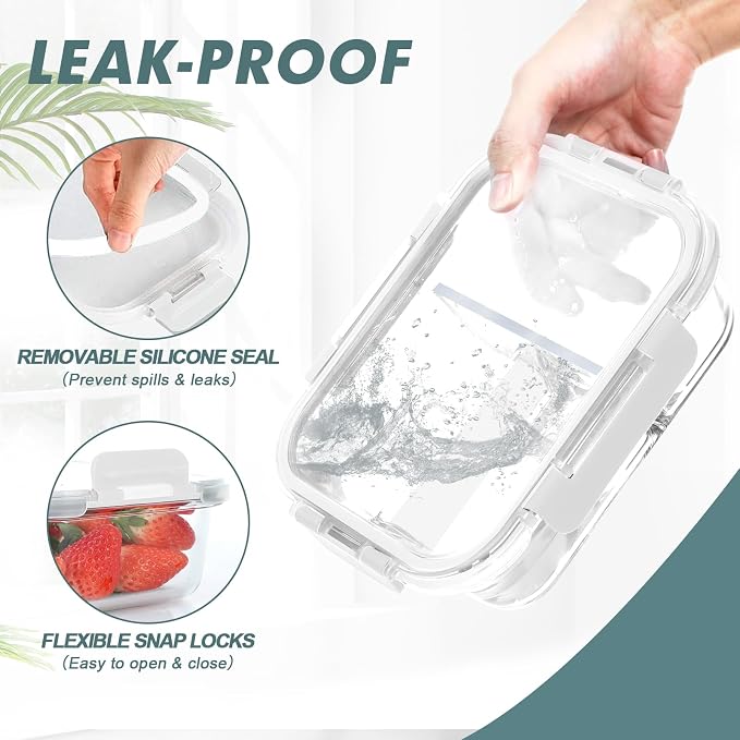 30 oz 5 Pack Glass Meal Prep Containers 2 Compartments, Glass Food Storage Containers with Lids, Airtight Lunch Box, Microwave, Oven and Freezer Safe, White