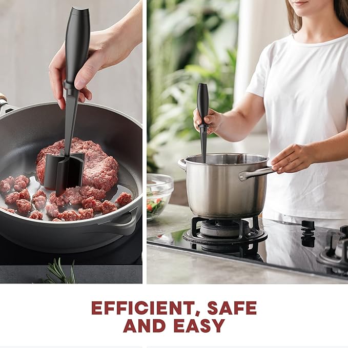 2Pack Meat Chopper Upgrade Hamburger Smasher, Masher for Ground Beef | Heat Resistant, Food-Grade Nylon, for Ground Turkey/Chicken and More, Non Stick Mix Grinder, Dishwasher Safe, Black