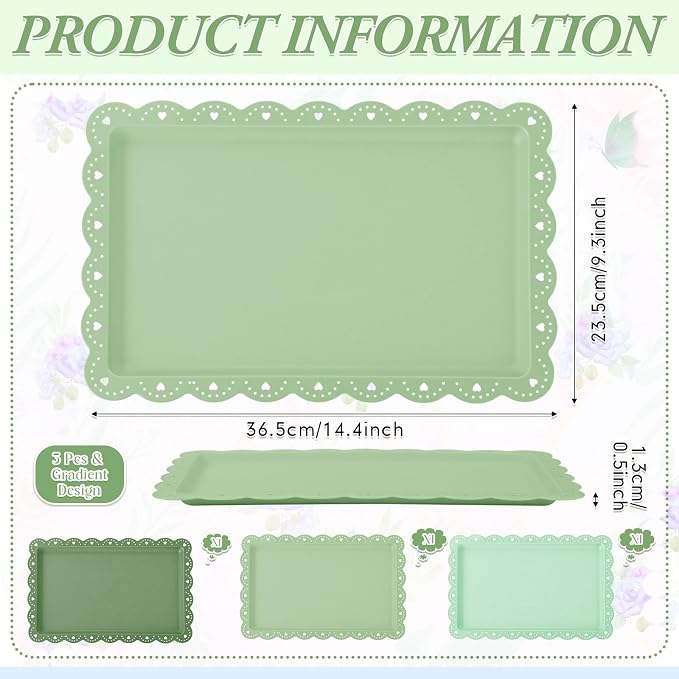 3 Pcs Green Serving Trays Plastic Platters Dessert Cupcake Holder Party Supplies 14.4 x 9.3 Inches Rectangular Cookie Snack Display Tray for Wedding Restaurant