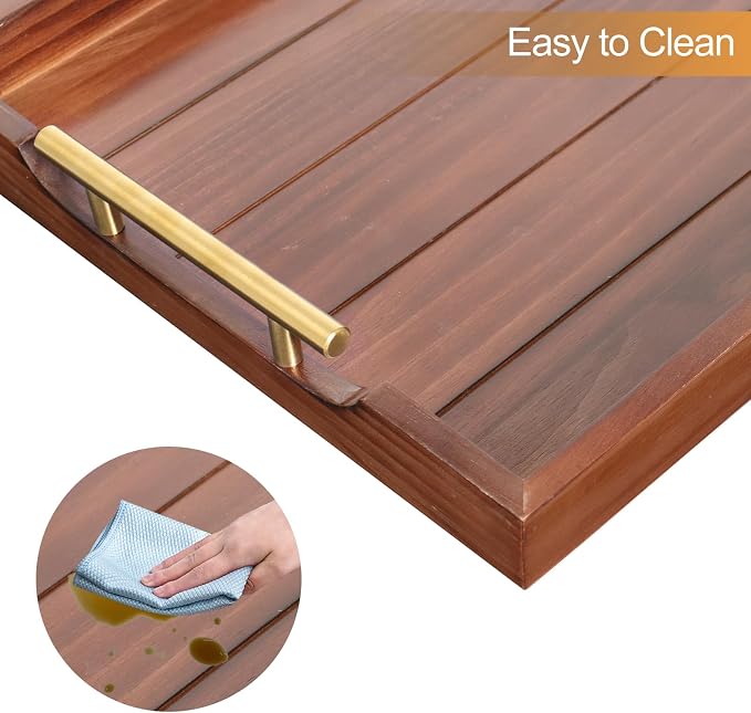 SXNOWS Large Wooden Serving Tray with 2 Sets of Handles,Dark Brown | Rectangle 16.5x13 Inch Ottoman Decorative Tray for Coffee Table Kitchen Bar Living Room Breakfast in Bed, 4 Coasters Included