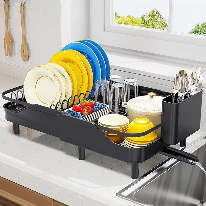 Urackify Expandable Dish Drying Rack for Small Kitchen Counter, Matte Black | Adjustable Capacity, Countertop-Stay-Dry Drainboard, Heavy-Duty Steel, Stable Plate Rack, Spave Saving for Apartment,RV,Dorms