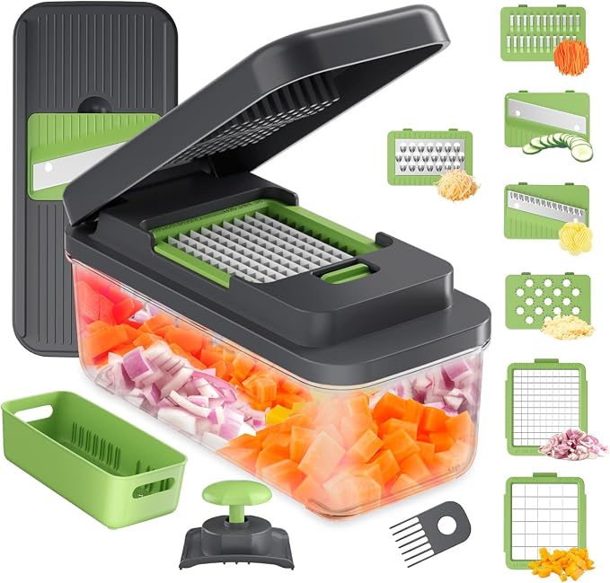 Ibergrif Veggie Chopper, 7 Blades Vegetable Chopper with Container, Onion Potato Food Fruit Slicer and Cutter, Stainless Steel, Dishwasher Safe,Mandoline Slicer & Kitchen Gadgets