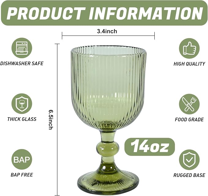 Vintage Green Wine Glasses Set of 6, 14 oz Green Goblets Glassware Drinking Glasses, Colored Glassware Wine Glasses for Beer, Water, Cocktail, Juice, Whiskey, Wedding Party Bar