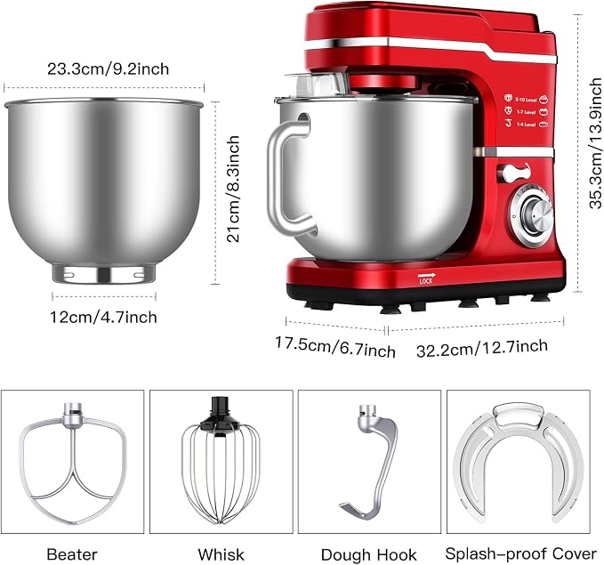 Garvee 7.5 QT Stand Food Mixer, 10-Speed Tilt Head 3 in-1 Kitchen Electric Mixer with Stainless Steel Bowl, Egg Whisk, Dough Hook, Beater, Splash Guard, Compact Dough Mixer for Home Cooks, Red