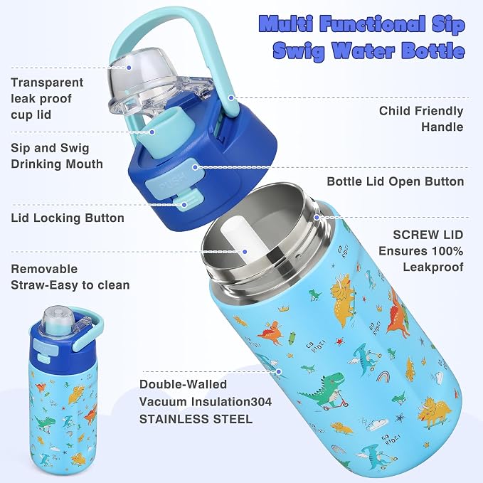 Bento Lunch Box for Kids with 7oz Soup Thermo,Insulated Stainless Steel Kids Water Bottle with Straw and Insulated Lunch Bag,Leak-Proof Lunch Food Container with Ice Pack for School(Blue-Dinosaur)