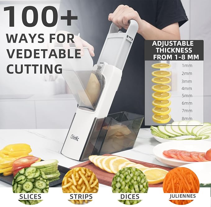 Upgrade Safe Mandoline Slicer for Kitchen,Adjustable Vegetable Food Chopper Onion Potato Fries Cutter, Veggie Salad Julienne + Dicer, with Draining basket, Kitchen Chopping Artifact, Gift