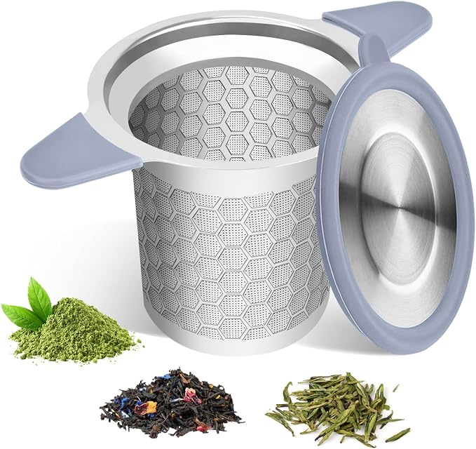 Tea Infuser for Loose Leaf Tea, 304 Stainless Steel Strainer Basket Silver | Fine Mesh Steeper, Heat Resistant, Silicone Handle, Lid Included, Large Capacity, Mug Filter, Fits Standard Cups