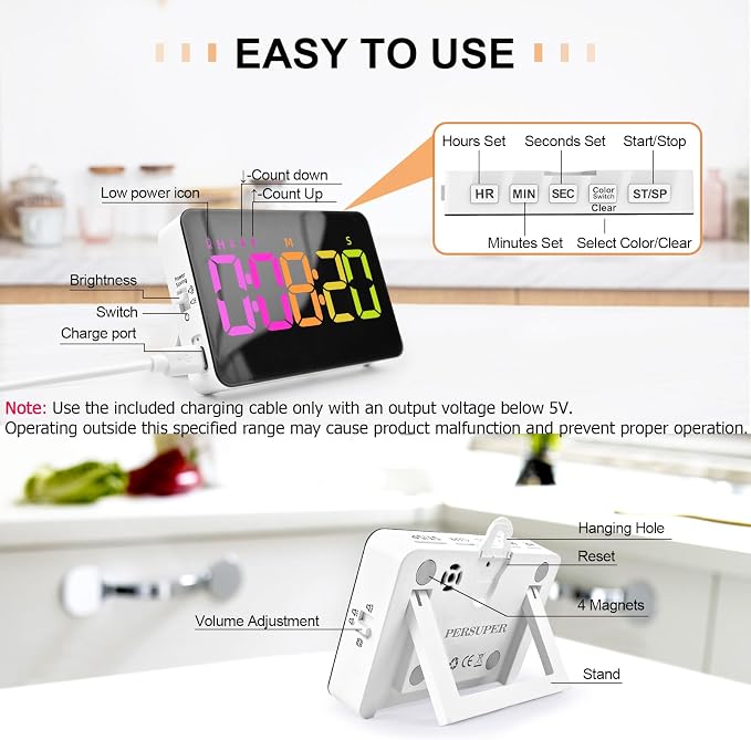 PERSUPER Kitchen Digital Timer, Count Down Up, Rechargeable, Vibration Mode | Adjustable Volume and Brightness LED Display, Time Management Cook, Desk, Kids Adults Study Teaching, Kitchen Gadgets RGB ﻿