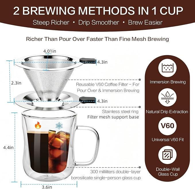Pour Over Coffee Maker with glass Cup, 2-in-1 Immersion & drip coffee maker, Stainless Steel reusable coffee filter, Fits 3.3–4 Inch Cups, manual coffee brewer for Home Office Travel