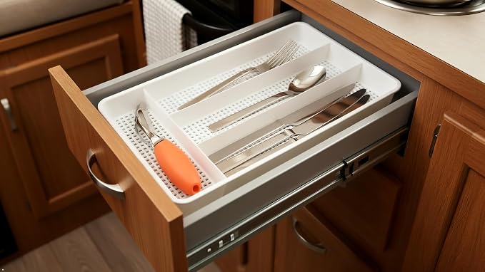 Dial Industries Small Utensil Silverware Kitchen Drawer Organizer, White | Keeps forks, spoons and flatware neatly separated, Compact fit for shallow drawers, Great for RVs, campers or everyday use