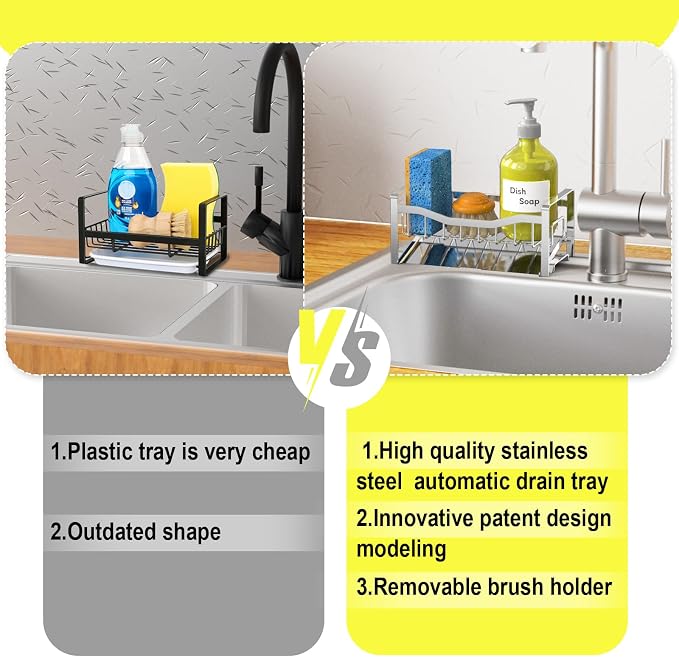 Stainless Steel Kitchen Sink Caddy Organizer with Auto Drain Tray, Sponge Holder for Countertop Storage Silver