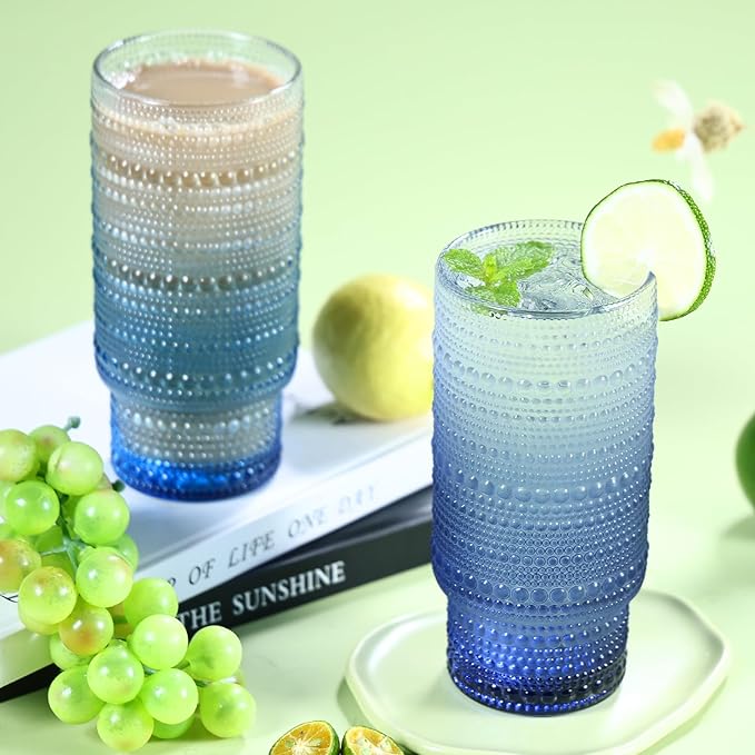 Large Capacity 16 oz Hobnail Drinking Glasses Set of 4, Vintage Glassware Drinking Glasses, Gray-blue Water Glasses Tumbler, Cups for Kitchen, Juice, Beer, Cocktail, Whiskey