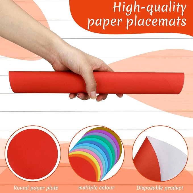 Yeaqee 120 Pcs Disposable Paper Placemats 12 Inch Round Paper Place Mats Blank Table Mats for Restaurant Catering Dining Weddings Birthday Table Holiday Parties Supplies(Colorful)