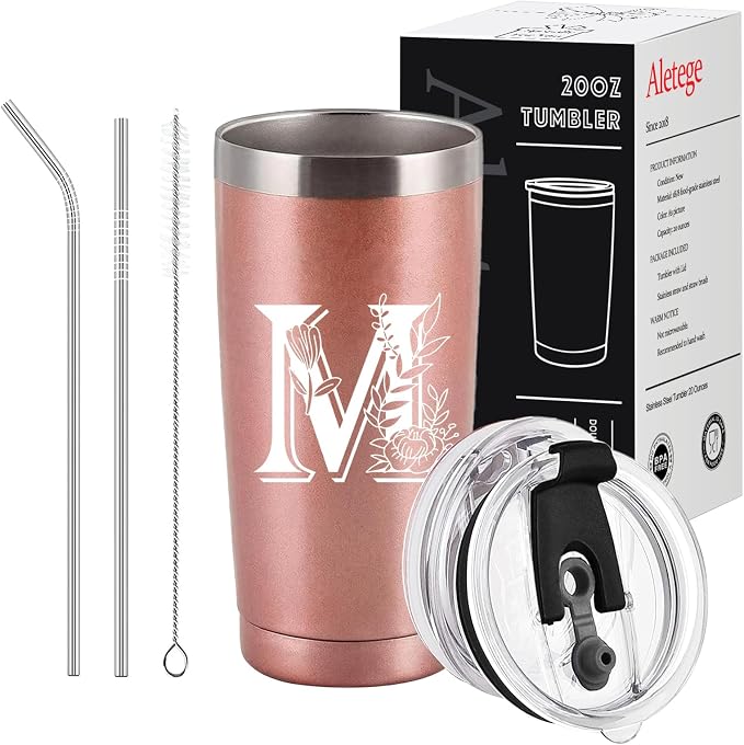 Letter M Insulated Travel Cup with Lid, Personalized Initial Mugs for Women, Letter M Gift Coffee Mugs for Women, Wife, Mom, Grandma, Bridal Shower Gifts, 20 OZ Rose Gold Two Lids