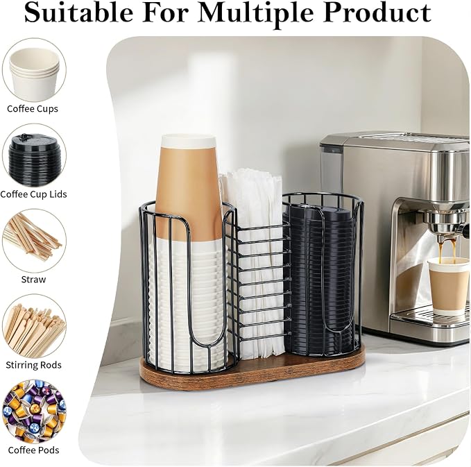 Coffee Cup Holder, 3-in-1 Disposable Cup, Straw & Lid Organizer | Paper Cup Dispenser Rack with Wooden Base, Dispenser Storage for Countertop Coffee Bar Office Kitchen, Zero Assembly