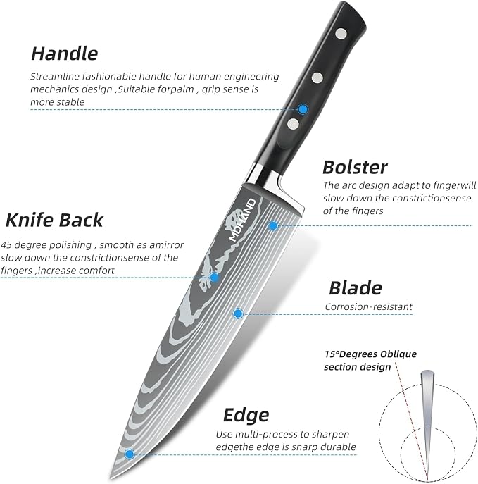 Chef Knife Set with Roll Bag, Professional Knife Set with Sharpener | High Carbon Stainless Steel 9PCS Kitchen Knife Set, Forged Triple Rivet Handle, Kitchen & Home Cooking, Dishwasher Safe Black