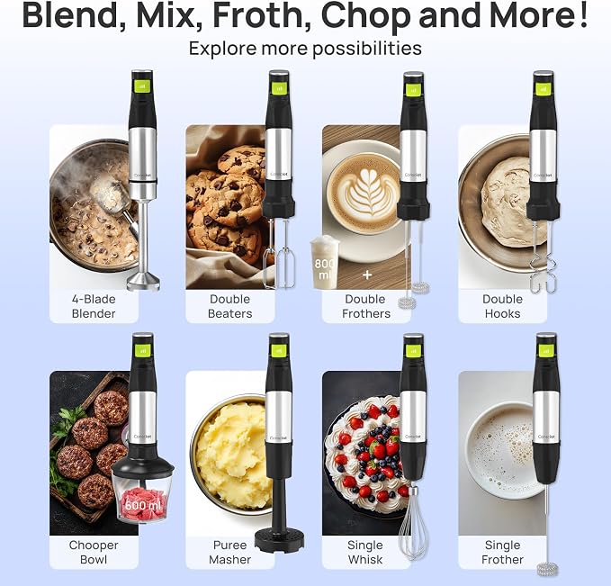 Consciot 10-in-1 Immersion Hand Blender Max 1100W, Trigger Speed Control | Entire Stainless Steel Blender Shaft, 800ml Beaker, 600ml Chopper, Beaters, Frothers, Hooks, Masher, Whisk & 600ml Cup