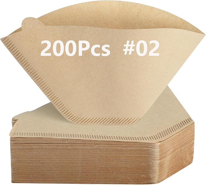 Clinuse 200Pcs Cone Coffee Filters #2, Unbleached No Blowout Paper Filters | Disposable Natural Wood Pulp Coffee Filter 2-6 Cup, Premium Size 02 Filters Compatible with Pour Over and Drip Coffee Maker