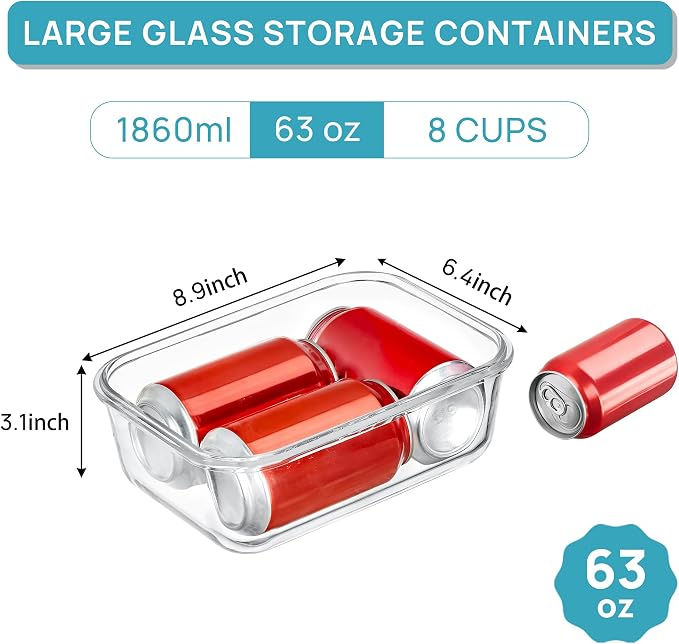 Vtopmart 1Pack 1860ml/63oz Large Glass Storage Container with Lids | Meal Prep Food Container Set with Snap Airtight Lid for Baking, Microwave, Oven, Leak Proof, Freezer, Dishwasher, BPA Free