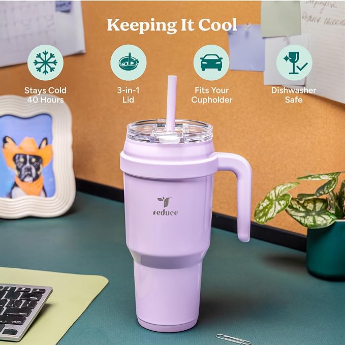 REDUCE 40 oz Stainless Steel Tumbler with Handle - Insulated Travel Mug | Dual-wall vacuum insulated, sweat-proof lid&reusable straw, keeps drinks cold for 24 hours, fits cupholders, dishwasher safe