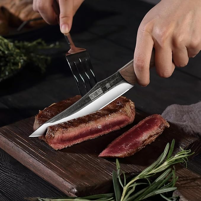 HOSHANHO Steak Knives Set of 6, Sharp 4.5" Non Serrated Steak Knife Set | Hand Forged High Carbon Steel Dinner Steak Knives with Full Tang Wood Handle, Gift with Men
