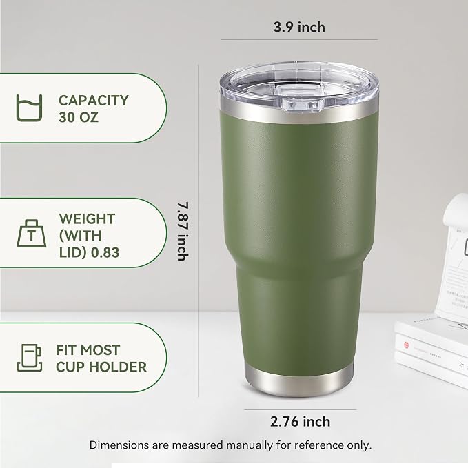 30 oz Tumbler with Lid Stainless Steel Tumblers Bulk, 12 Pack | Vacuum Insulated Cup, Leak Proof Lid, Powder Coated Travel Mug, Double Wall, Keep Cold Drinks for 12 Hours, Army Green