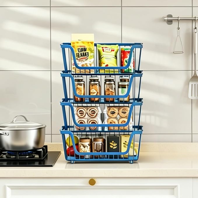 4 Pcs Stackable Wire Baskets for Pantry Organizers and Storage,blue, | Vegetable Fruit Basket for Countertop,Kitchen Storage Metal Baskets,Produce Potato Onion Storage Bin,